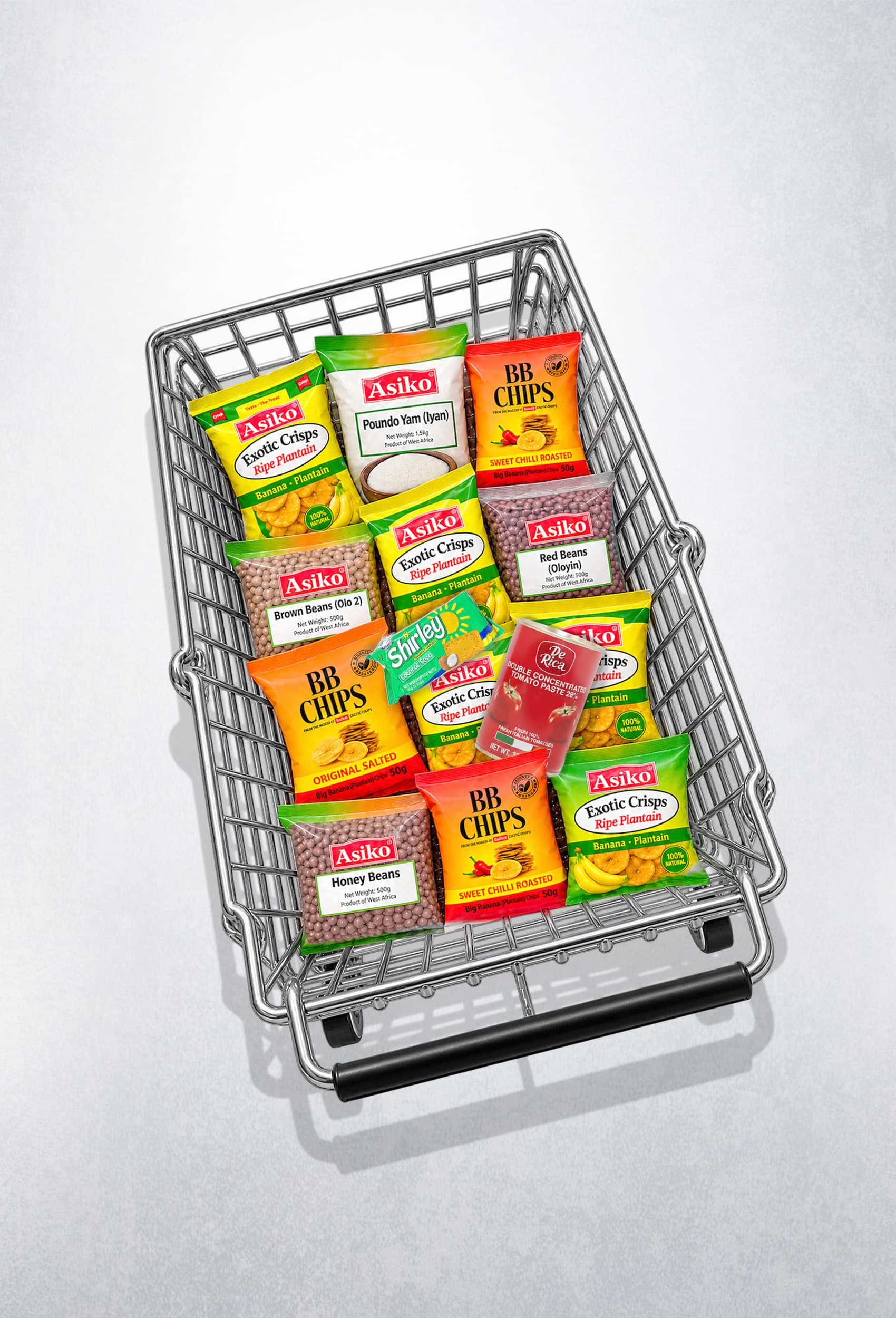 A shopping trolley full of Asiko African and Caribbean grocery products