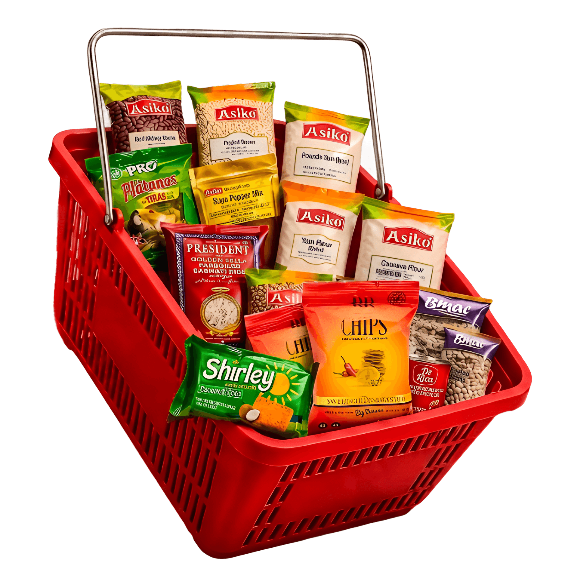 A basket full of African and Caribbean grocery products